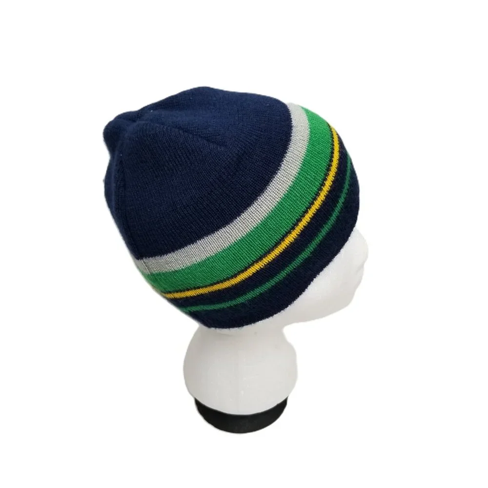 GMI Striped Beanie Boys Navy Green Yellow Knit Acrylic Preppy Winter Hat